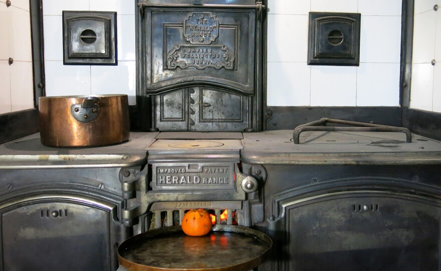 Ivan Day has outfitted his farmhouse with historic appliances, including this coal-fired oven from the 1800s — seen here while a mince pie bakes.