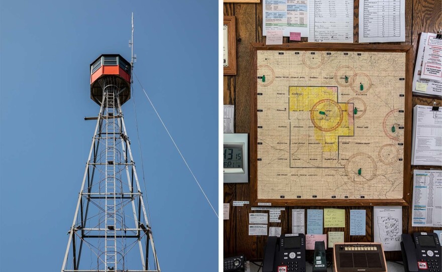 LEFT: The fire tower at the DNR Forestry Station in Nimrod, Minnesota, is one of the only towers in the state still used to detect fires. RIGHT: Inside the DNR Forestry Station in Nimrod, Minnesota, a map identifies the location of the area's fire towers. Information provided by lookouts in each tower is used to triangulate the exact location of a fire.