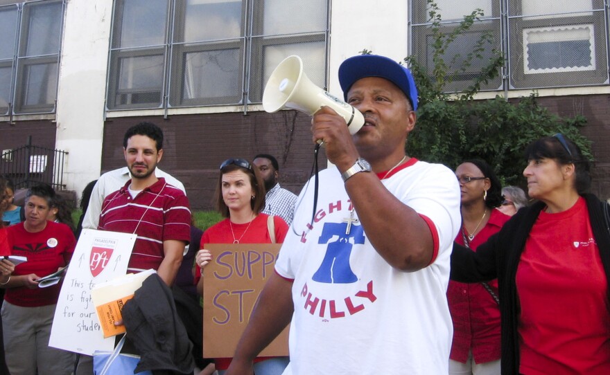 The Philadelphia Federation of Teachers protests outside Feltonville Intermediate School in Philadelphia last month. The protesters demanded the reinstatement of counselors and teacher aides and blamed Gov. Tom Corbett for budget cuts.
