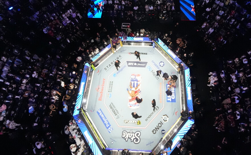 Alex Pereira, far right, is attended to, as Ciryl Gane lays in the center of the ring during UFC Freedom 250 on the South Lawn of the White House, Monday, June 15, 2026, in Washington.