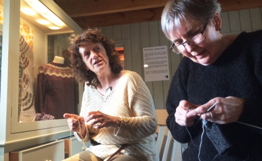 Shetland locals Marian Ockendon (left) and Wilma Johnson knit upstairs at the Shetland Textile Museum in Lerwick, Shetland's capital.