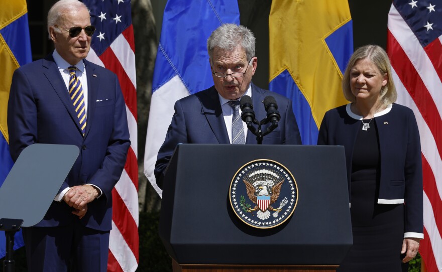 President Biden, Finland's President Sauli Niinisto and Sweden's Prime Minister Magdalena Andersson deliver remarks in the Rose Garden at the White House on Thursday.