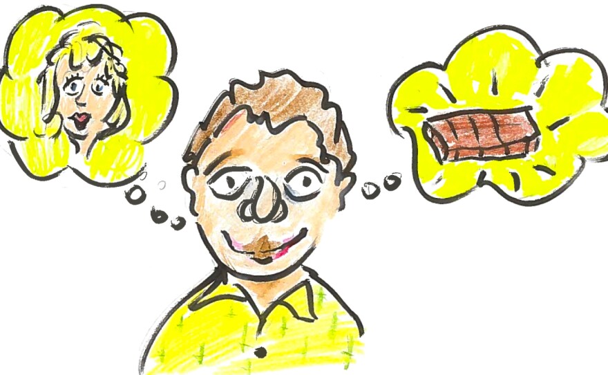 Illustration of a man between two thought bubbles. One thought bubble contains an image of a woman's face, the other contains a piece of chocolate.