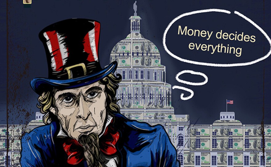 A cartoon in China's state-run Xinhua news agency criticizes the money in the U.S. political system.