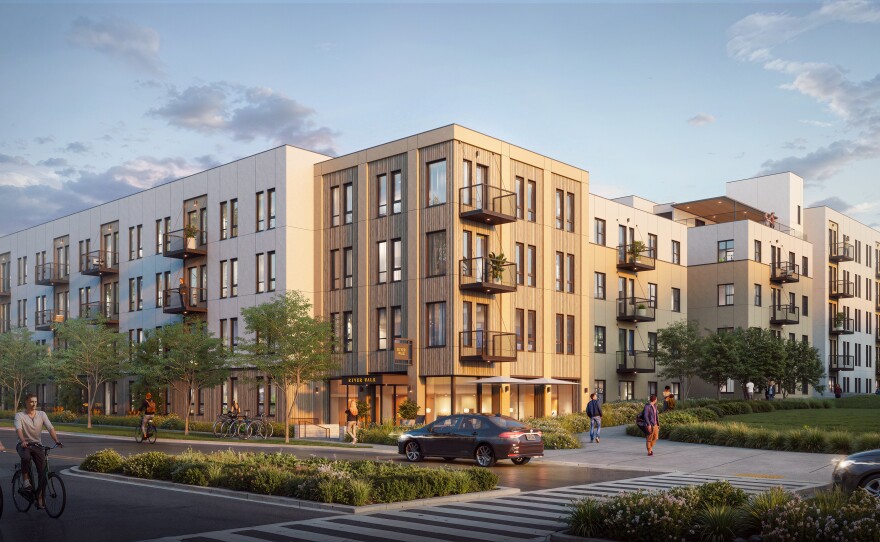 A photo rendering of the finished apartment complex The Becker.