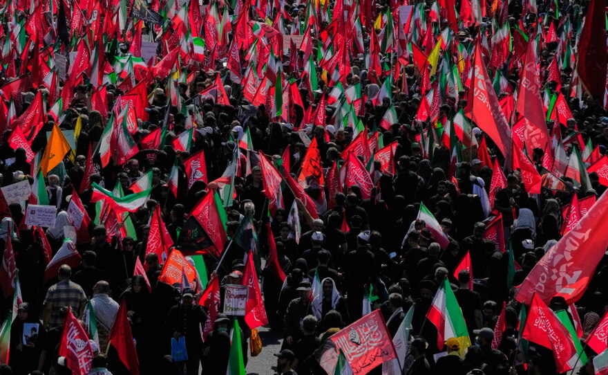 Mourners attend the funeral procession of the late Iranian Supreme Leader Ayatollah Ali Khamenei in Tehran, Iran, Monday, July 6, 2026.