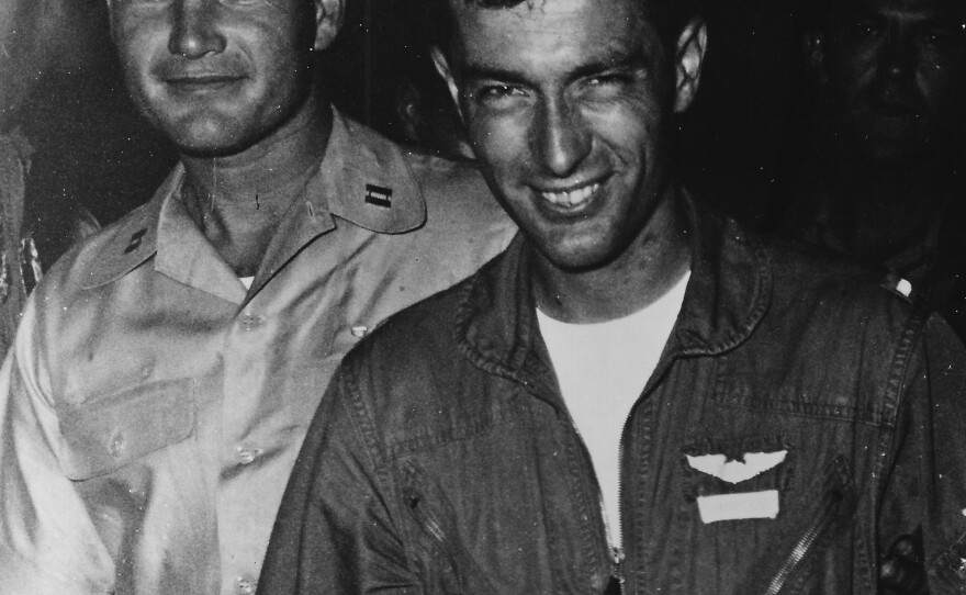 Lt. Harten arriving at Andersen AFB, Guam, following his rescue at sea after his B-52 crash, June 21, 1965