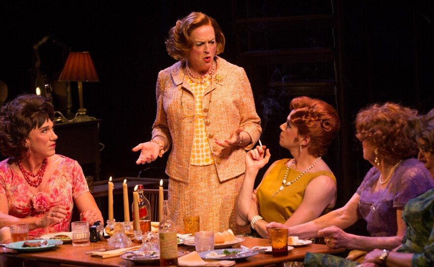 Wigs play an especially important role in the drama Casa Valentina. The play features Reed Birney (standing) as Charlotte, one of several male characters who spend their weekends dressing and living as women.