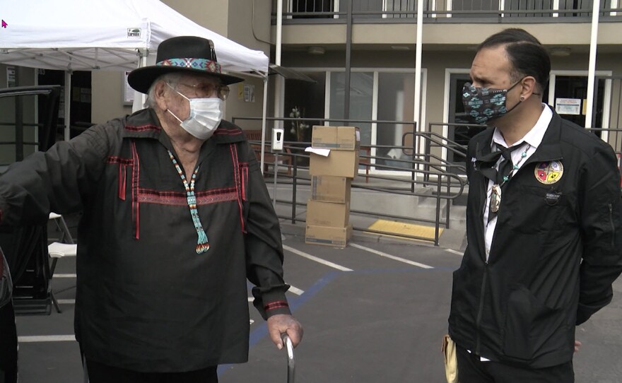 Randy Edmonds and Ruben Leyva stand in front of the San Diego American Indian Health Center in Bankers Hill in March, 2021.