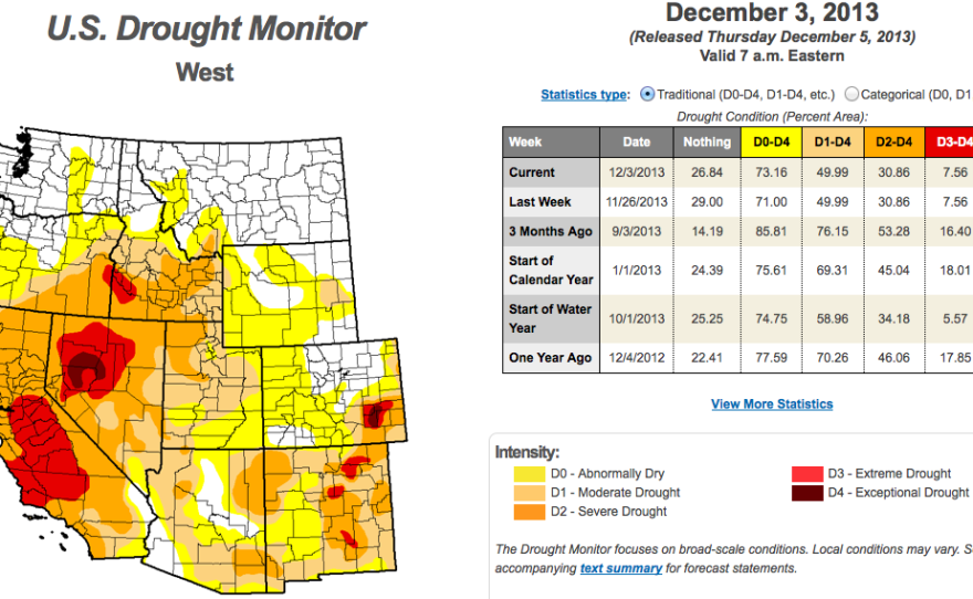 The U.S. Drought Monitor map issued on Dec. 3, 2013 shows much of San Diego under severe drought conditions.