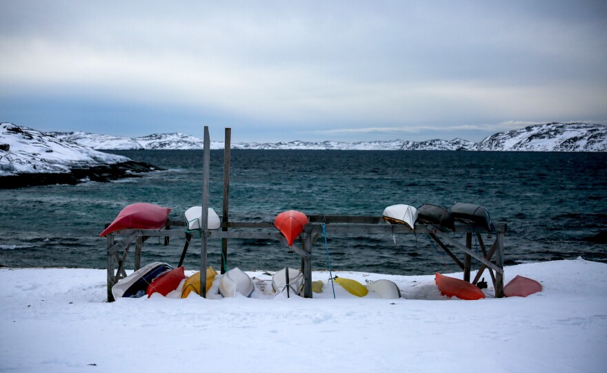 Kayaks frame a bay at the south end of Nuuk.