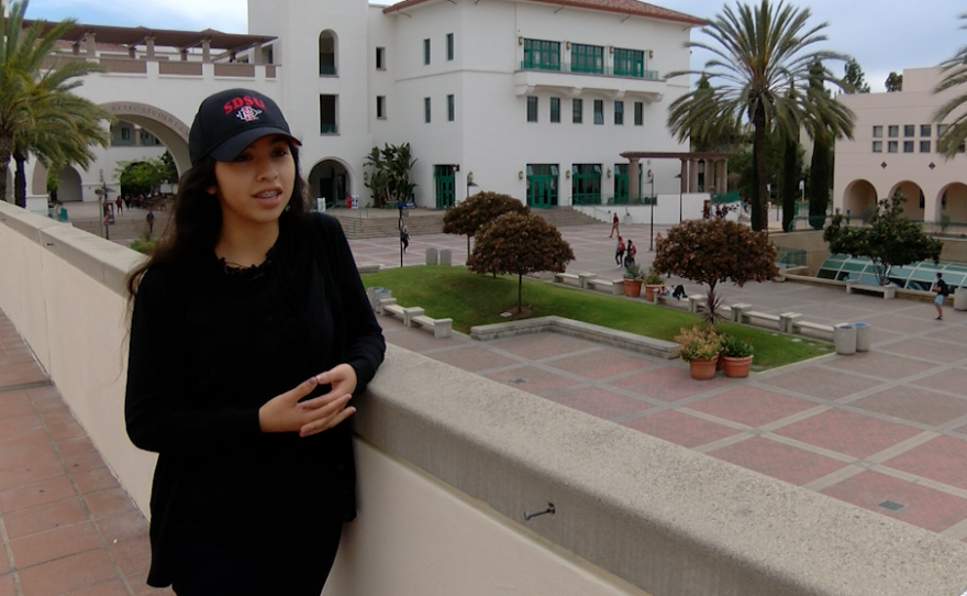 Esmeralda Quintero, a San Diego State University freshman, discusses the SDSU Aztec mascot, April 11, 2016.