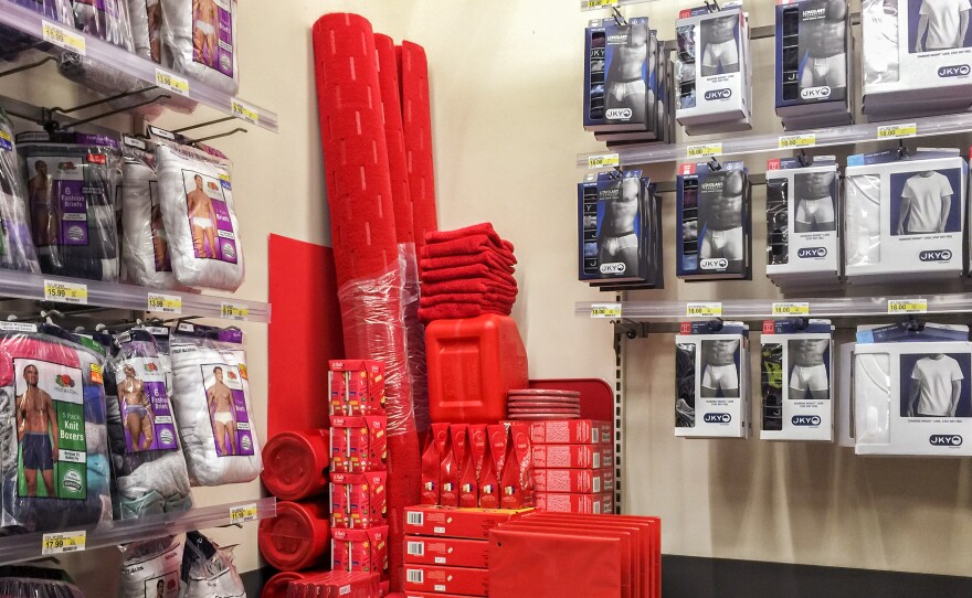 Art amid the underwear: Brown chooses a color, "shops" the store to find items and then sets them up into impromptu sculptures in the store.