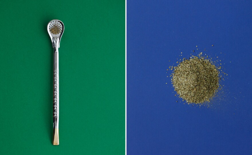 (Left) A bombilla, the metal drinking straw with a strainer at one end that's used to sip yerba mate. (Right) Mate leaves.