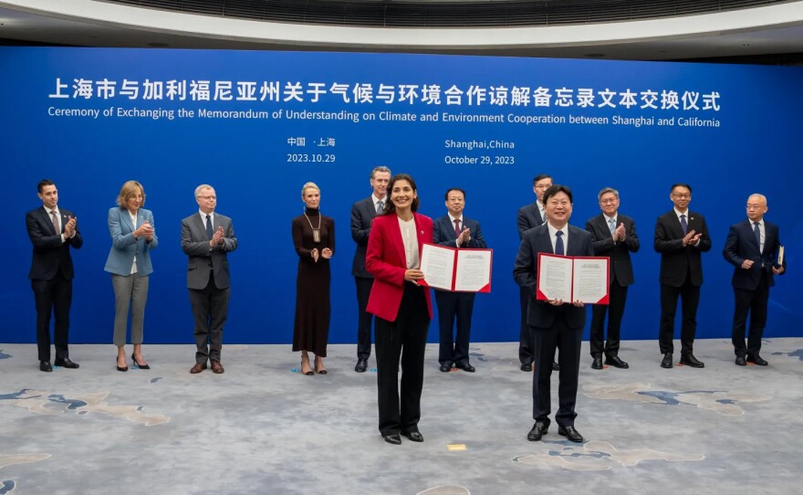 Climate advisor Lauren Sanchez, center, attends Gov. Gavin Newsom’s trip to China on Oct. 29, 2023.