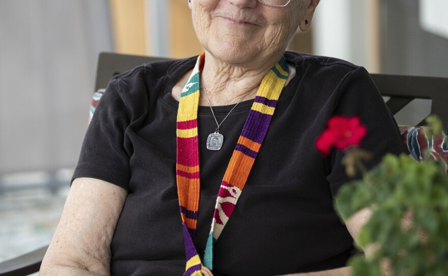 Sister Diane Roche, 76, pictured on the front porch of Anne Montgomery House said she'll miss some of the daily rituals she shared with the home's younger residents. "They keep me young," she said. "You just become people together."