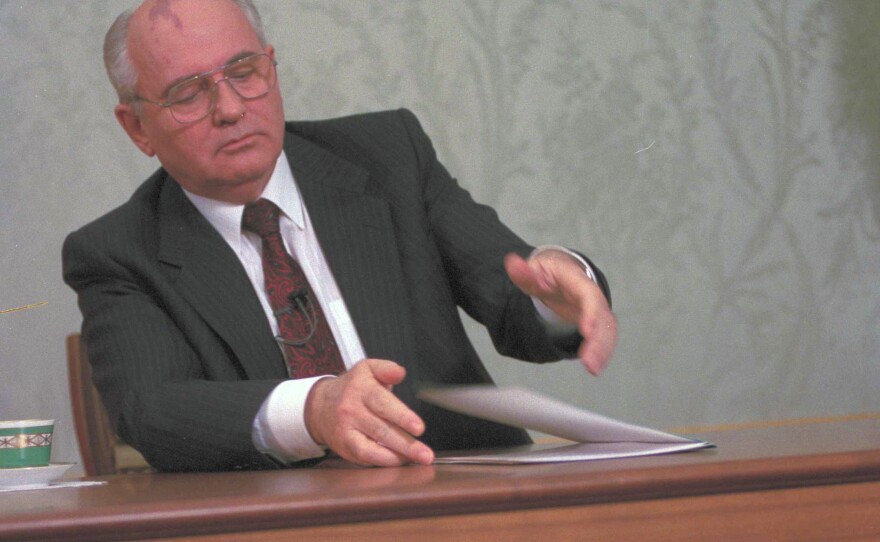 Soviet leader Mikhail Gorbachev closes his resignation speech after delivering it at the Kremlin in Moscow on Dec. 25, 1991. After 74 years, the Soviet Union was dissolved, breaking into 15 countries. But there's often been friction among the former Soviet republics, including the current confrontation between Russia and Ukraine.
