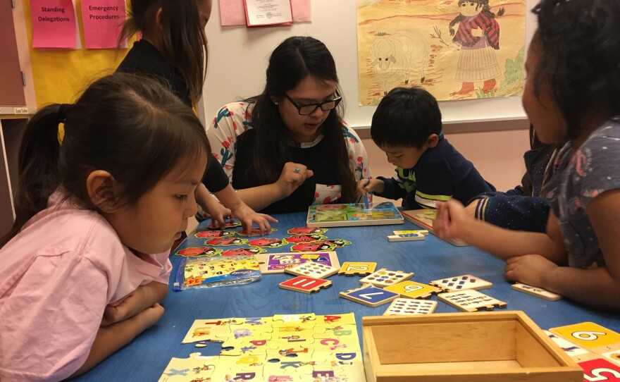 Teacher Shanelle Yazzie works with children at a Head Start facility on the Navajo Nation. Funds to keep the Head Start programs running are slow to reach these facilities during the federal government shutdown.