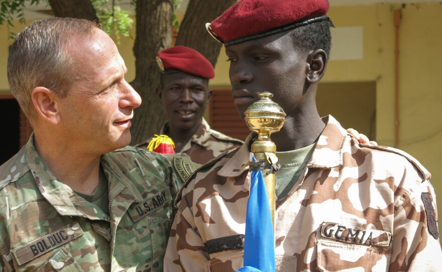 Brigadier General Donald Bolduc, Commander of U-S Special Operations Command, Africa, greeting Chadian troops during the closing ceremony in Ndjamena, Chad, of US military-led Flintlock 2017 counterterrorism exercises and training with African and global allies.