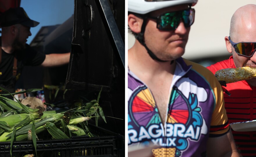 Left: Michael Licamon with Amos Deans catering roasts up corn for hungry riders Wednesday, July 28, as they pass through Algona, Iowa. Right: Henry Miller of Memphis, Tenn., bites into an ear of corn in Algona.