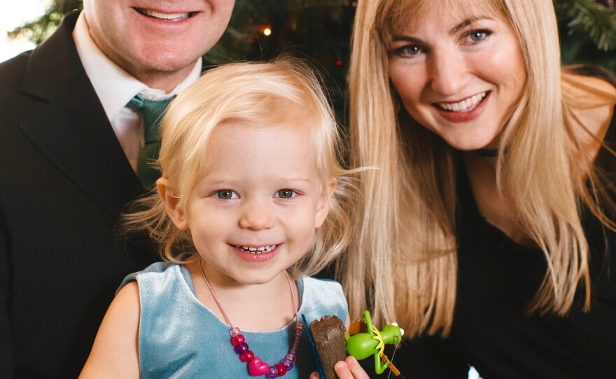 David VonDerLinn and Annie Hudson with their daughter Ava at home in Burbank, Calif.