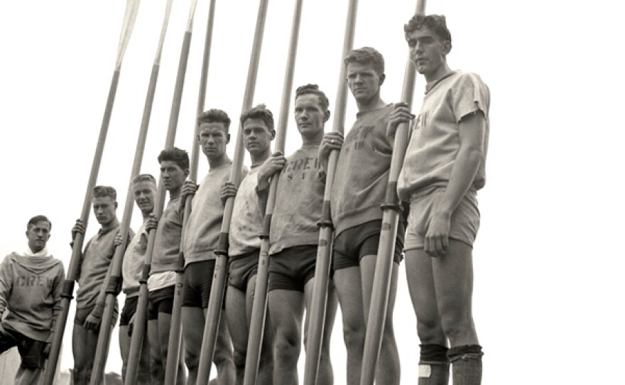The University of Washington's varsity crew team at the Poughkeepsie Regatta Races in June 1936. From left to right: Bob Moch, Coxwain; Don Hume, Stroke; Joe Rantz, 7; George Hunt, 6; Jim McMillin, 5; John White, 4; Gordon Adams, 3; Charles Day, 2; and Roger Morris, 1.