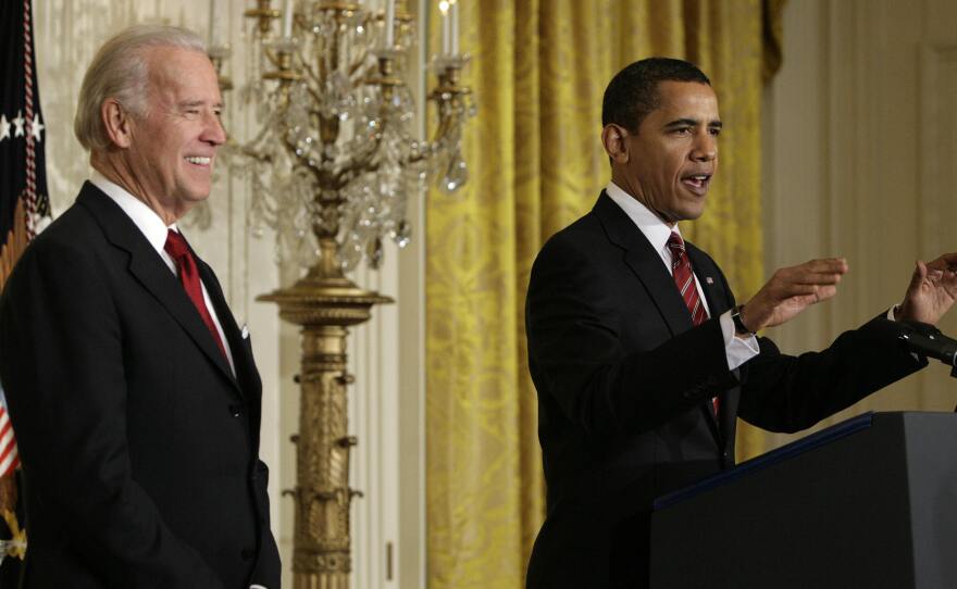 Vice President Biden joins President Barack Obama as he speaks about a newly created working families task force just 10 days after they were inaugurated in 2009.