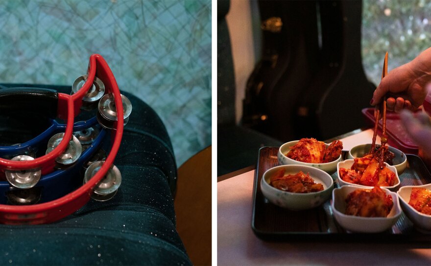 At Cosmos Karaoke, tambourines sit on a stool ready for use during group singalongs. Minza Lee dishes up bowls of kimchi to serve to customers.