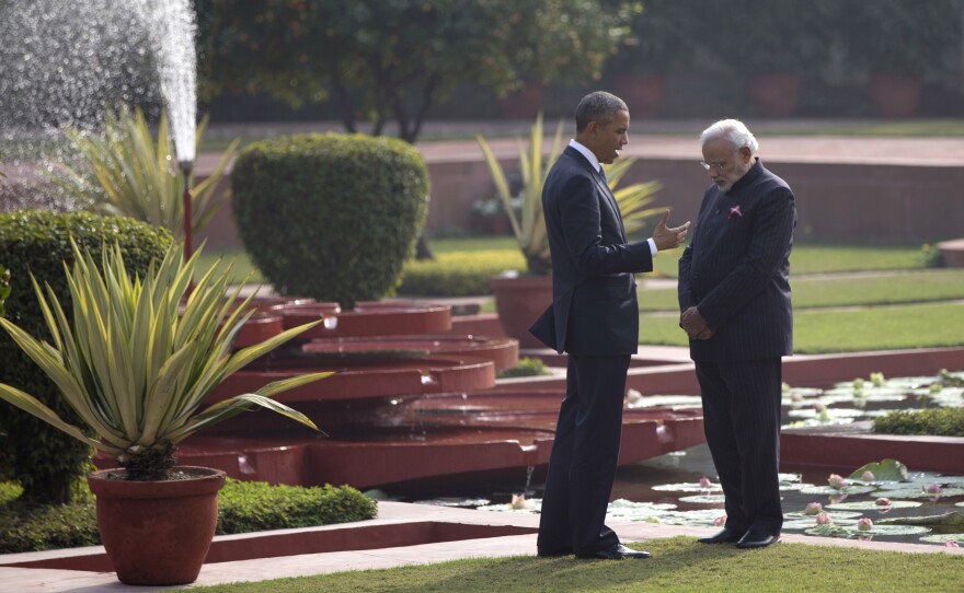 Obama and Indian Prime Minister Narendra Modi talk in New Delhi. Obama's visit to Pakistan's much larger, more prosperous neighbor was destined to grate on Pakistani nerves.