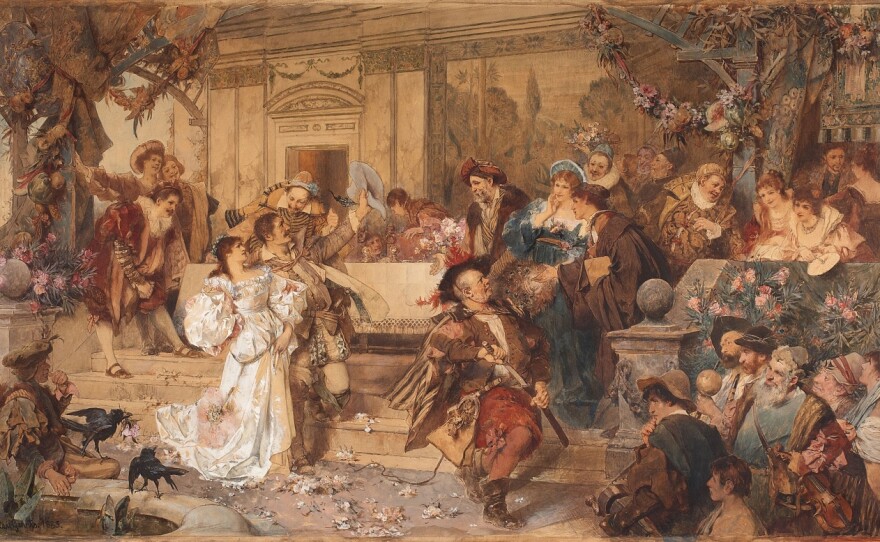 Petruchio takes Katherine as his bride in <em>The Taming of the Shrew</em>. He stole her away between their wedding and reception, then starved her into submission.