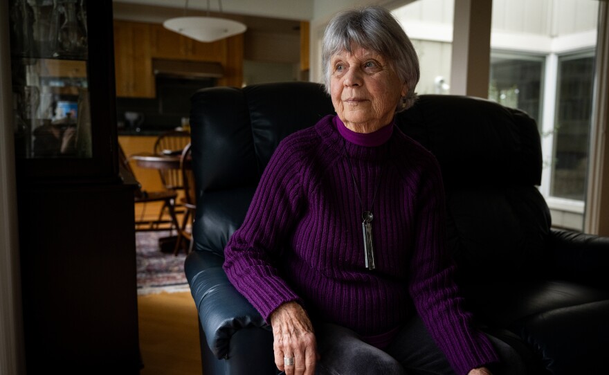 Kay James sits in her home in Moraga on Jan. 9, 2024. Her son Michael Bishop died jumping off of the Golden Gate Bridge in 2011.
