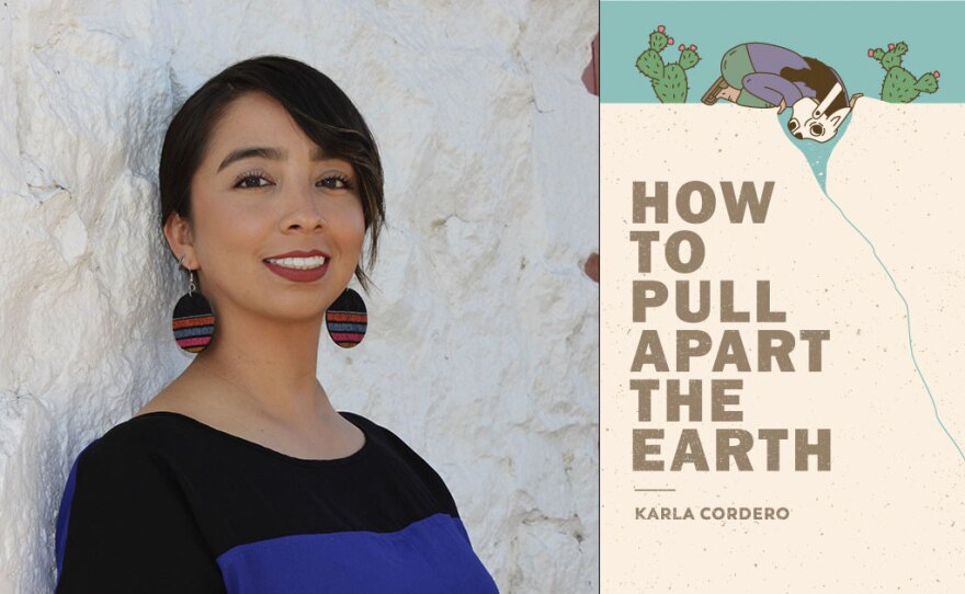 An undated photo of poet Karla Cordero is shown next to the book cover of her poetry collection, "How to Pull Apart the Earth."