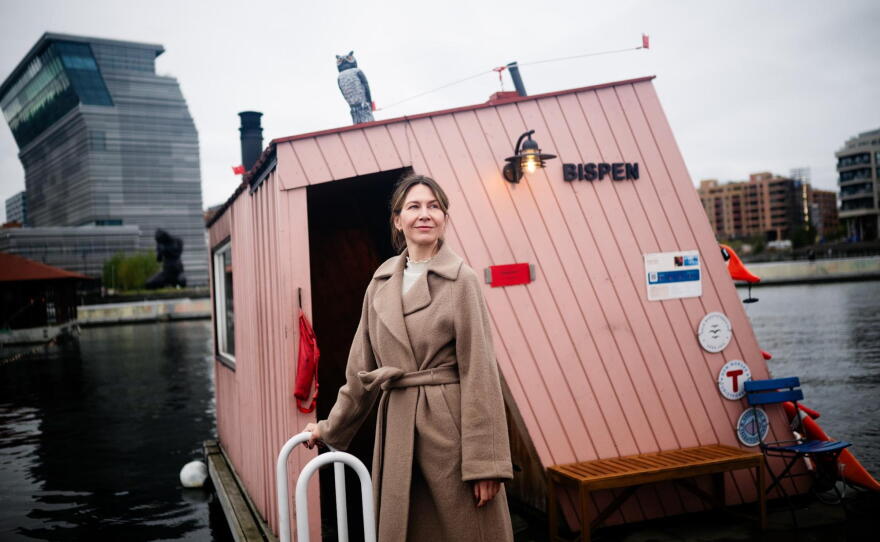 Sauna scientist Eva Hilland from OsloMet University poses for a portrait at Sukkerbiten — the Oslo Sauna Association's cluster of small saunas in Oslo, Norway, Sept. 25, 2026. Hilland wants to find out if saunas help with stress and mental health issues.