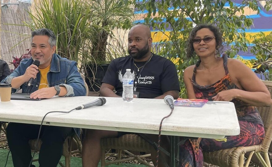 Aaron Nabus (far left) moderating a panel at Black Comix Day with Brian J. Lambert and Mia Bunn. February 2024.