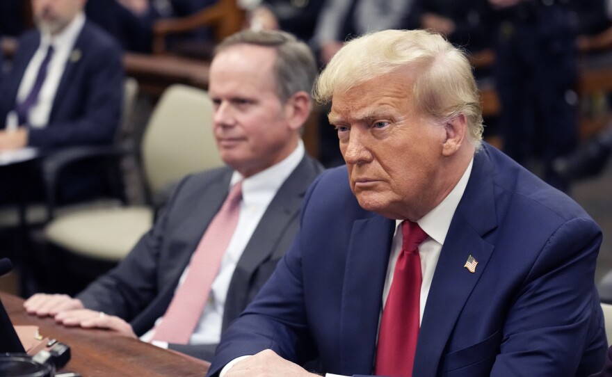Former President Donald Trump sits in the courtroom with his legal team before the continuation of his civil business fraud trial at New York Supreme Court, Tuesday, Oct. 17, 2023, in New York.