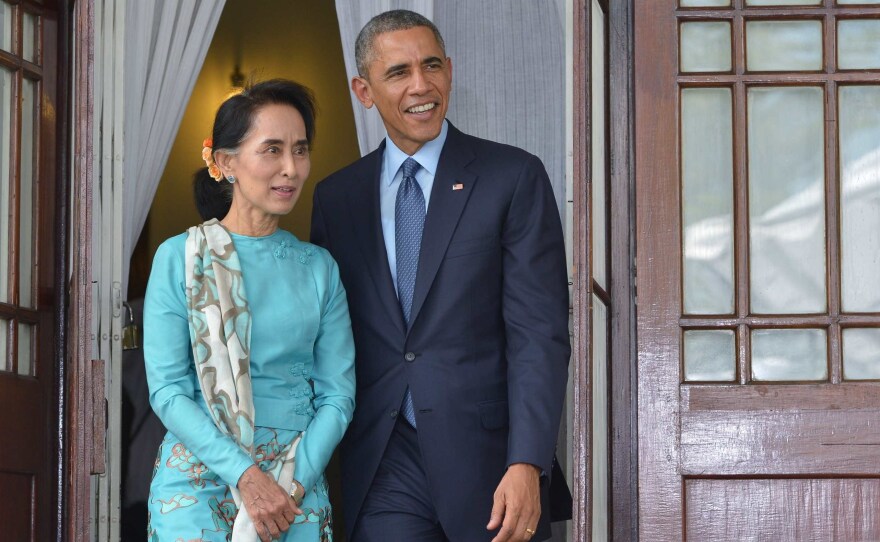 President Obama meets with Myanmar's Aung San Suu Kyi in Yangon, Myanmar, in 2014. Suu Kyi was the opposition leader at the time. She effectively became the country's leader this year, marking an end to more than a half-century of military rule.