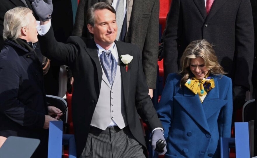 Gov.-elect Glenn Youngkin waves to the crowd at his inauguration, Jan. 15, 2022, in Richmond, Va.