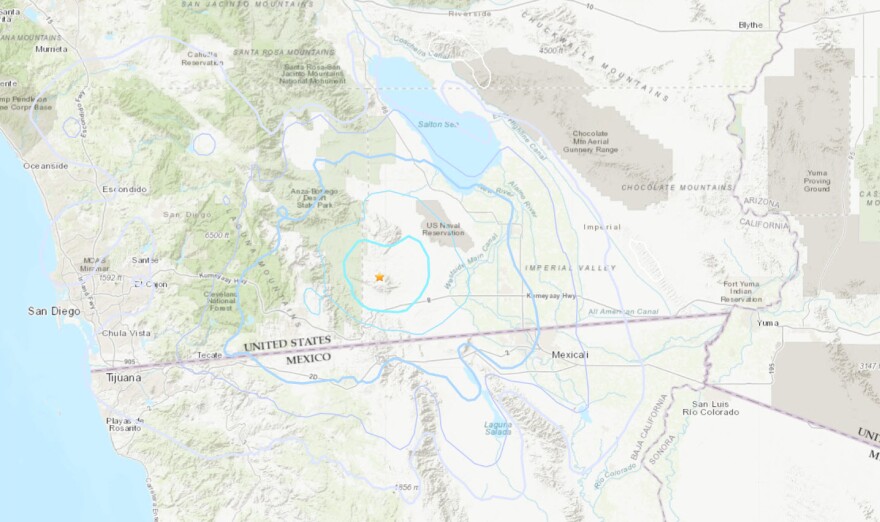 A map from USGS shows the location of a magnitude 3.8 earthquake about 12 kilometers northwest of Ocotillo, Calif. Dec. 1, 2022.