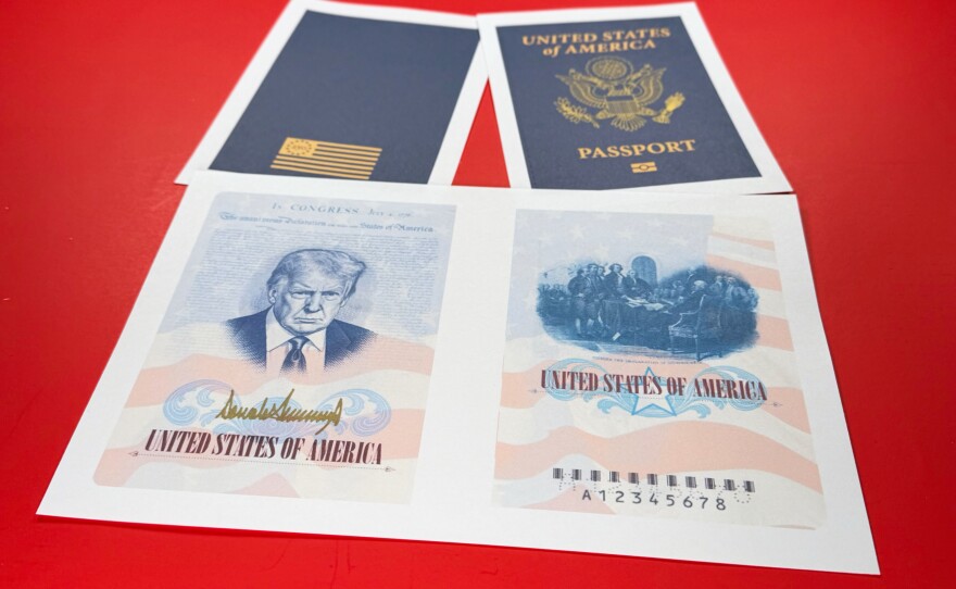 A sample of a limited release of a commemorative U.S. passport that celebrates America's 250th birthday and features a picture of President Donald Trump, is photographed Tuesday, April 28, 2026.