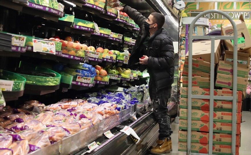 Workers at a ShopRite supermarket stock shelves on April 24, 2020 in Plainview, New York. Consumer prices jumped in March, marking a return of inflation, but the Federal Reserve insists any uptick will be temporary.