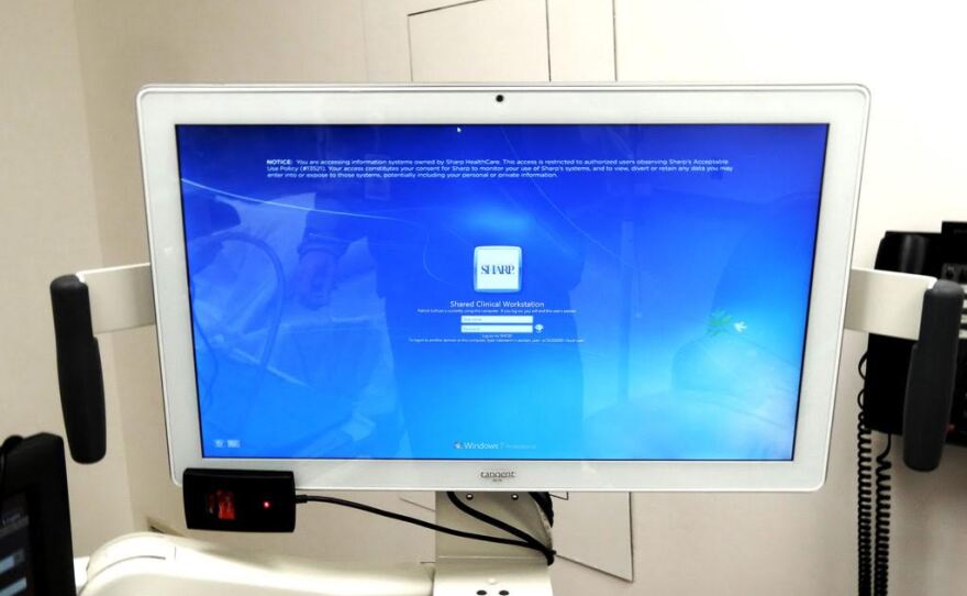 This computer monitor within Sharp Grossmont Women's Center was photographed in January 2016, and is one of several computers mentioned in a lawsuit alleging that surgeries were secretly recorded. Photo courtesy BOHM Law Group Inc.