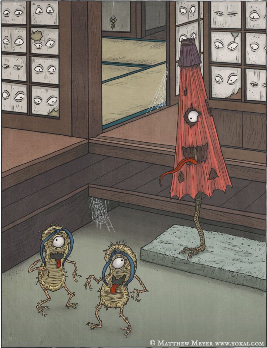 Artist Matthew Meyer's illustration of a karakasa kozō that you can find at the Japanese Garden's Yōkai Exhibit. Undated image.