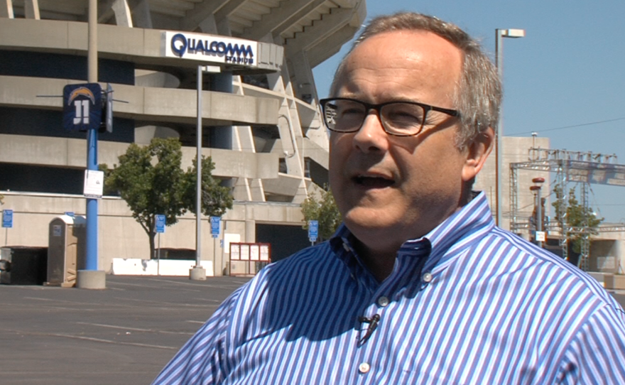 Dan McSwain, a columnist for The San Diego Union-Tribune, stands in the Qualcomm Stadium parking lot, Aug. 21, 2015.