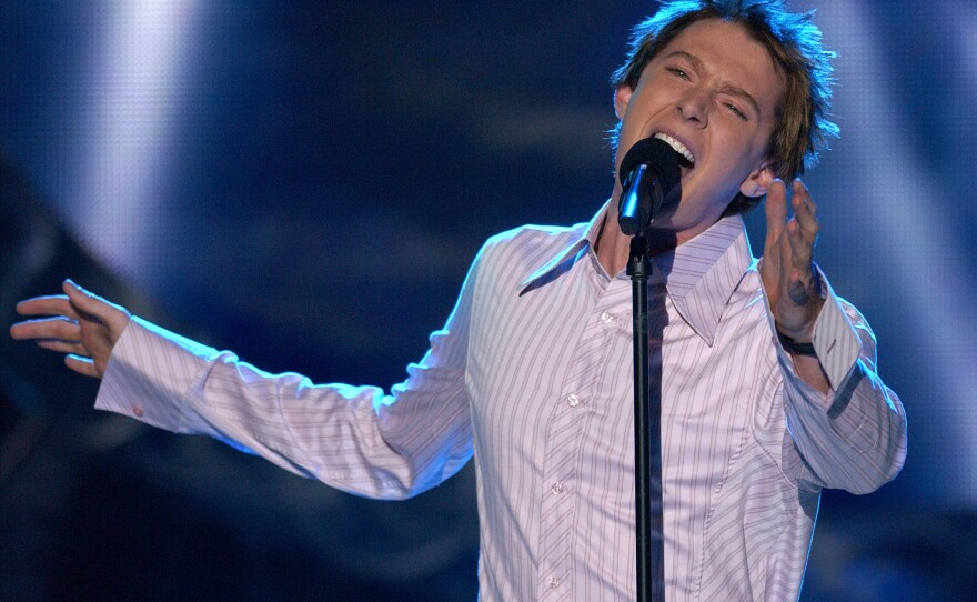 Clay Aiken performs at the broadcast of the <em>American Idol</em> final competition in May 2003.