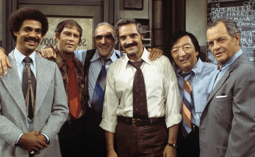 The cast of "Barney Miller" in September 1976: Ron Glass, Max Gail, Hal Linden, Abe Vigoda, Jack Soo.