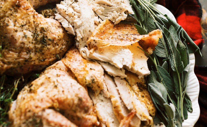 Spatchcocked turkey, roasted to the right temperature results in properly cooked thighs and tender breasts.