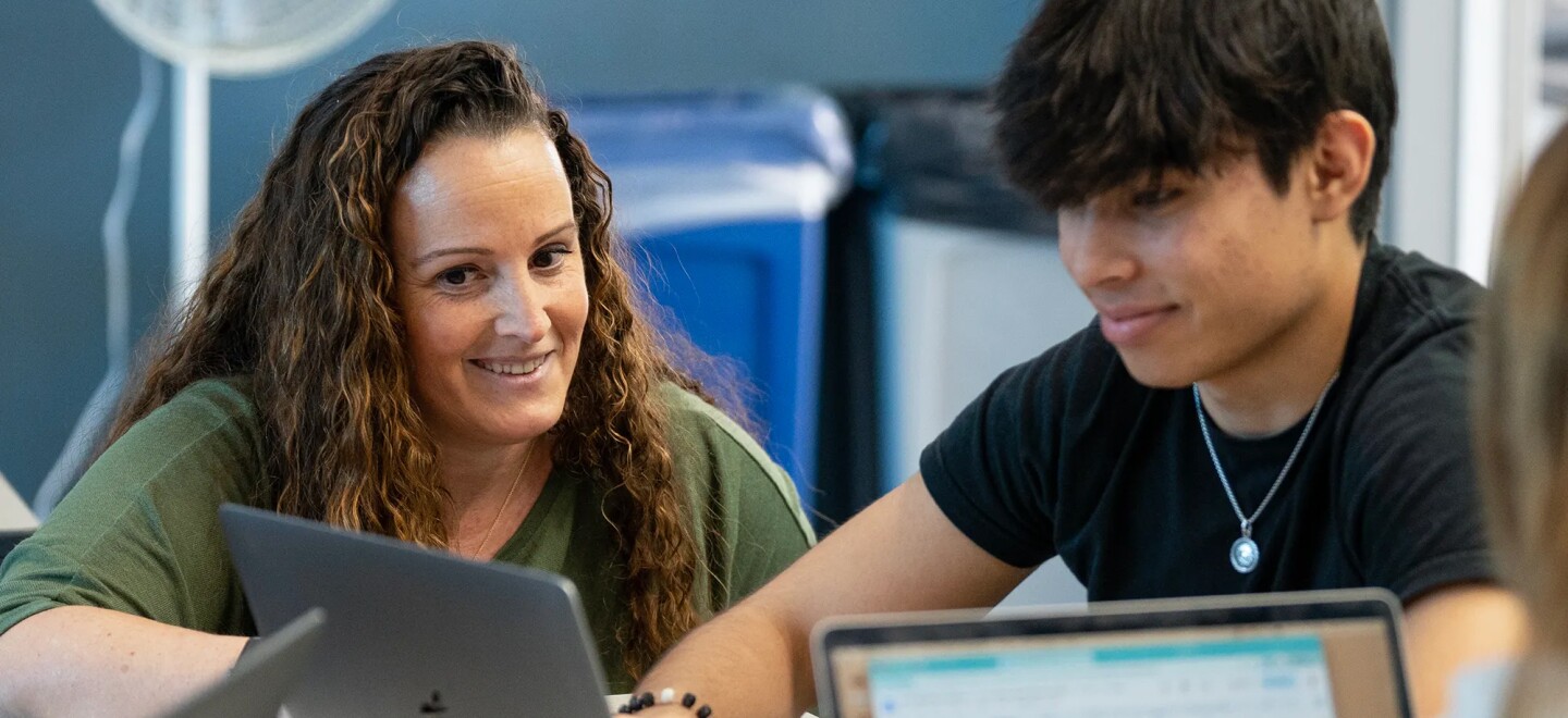 Marisa Silvestri listens to her student Oscar de la Torre during her ethnic studies class at Santa Monica High School in Los Angeles on March 28, 2023.