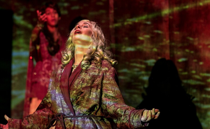 Kerry McCue stars as The Frau in "Amazons and Their Men," now playing at Diversionary Theatre.