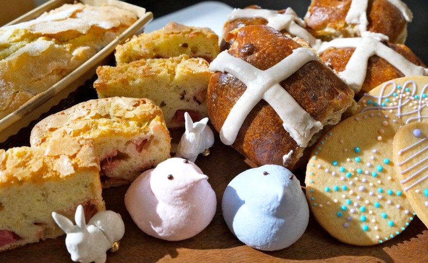 Hot cross buns and other Easter treats from Flour Bakery in Los Angeles. Flour sells the buns for about a month near Easter, but "customers want them earlier every year," executive pastry chef Nicole Rhode says.