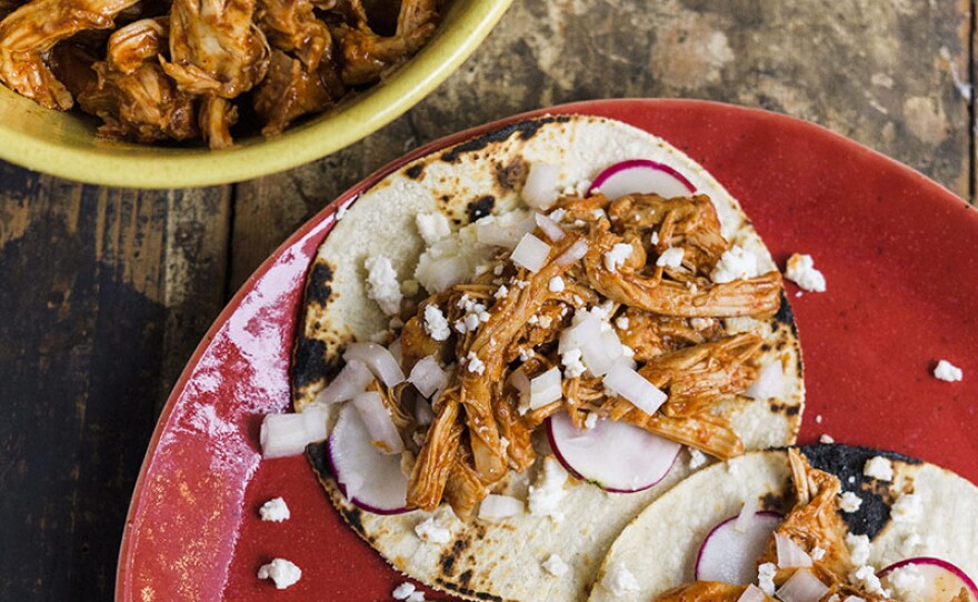 Orange-Guajillo Chili Pulled Chicken uses dried guajillo chilies that soak and soften in orange juice. This dish is featured on "Cooking With Chilies."
